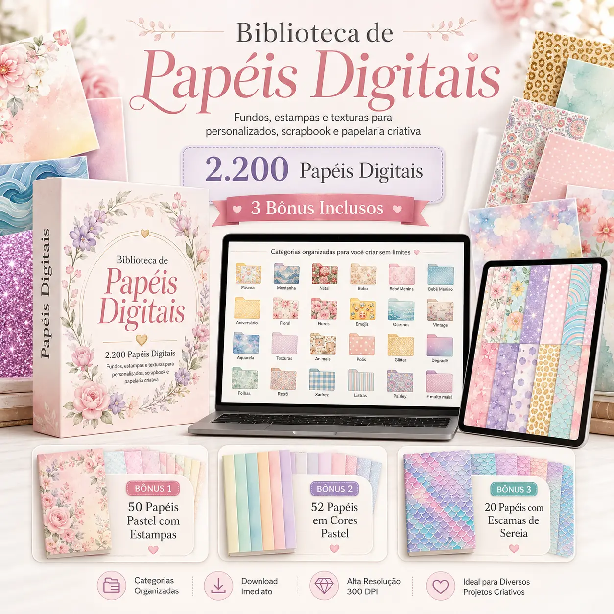Mockup da Biblioteca de Papéis Digitais mostrando pastas e estampas variadas
